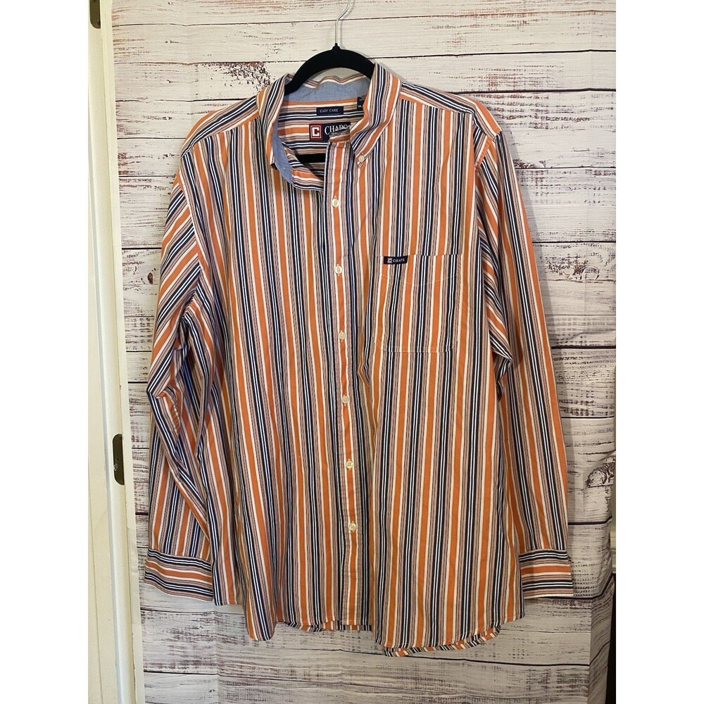 Chaps Orange Blue White Striped Long Sleeve Button-Down Shirt Men's XL Easy Care